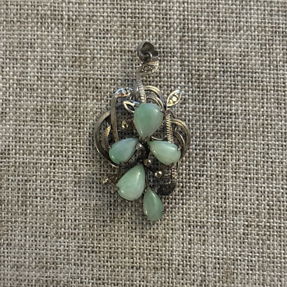 Vintage 14k White Gold Genuine Green Jadeite Jade Pendant 4.4 Grams